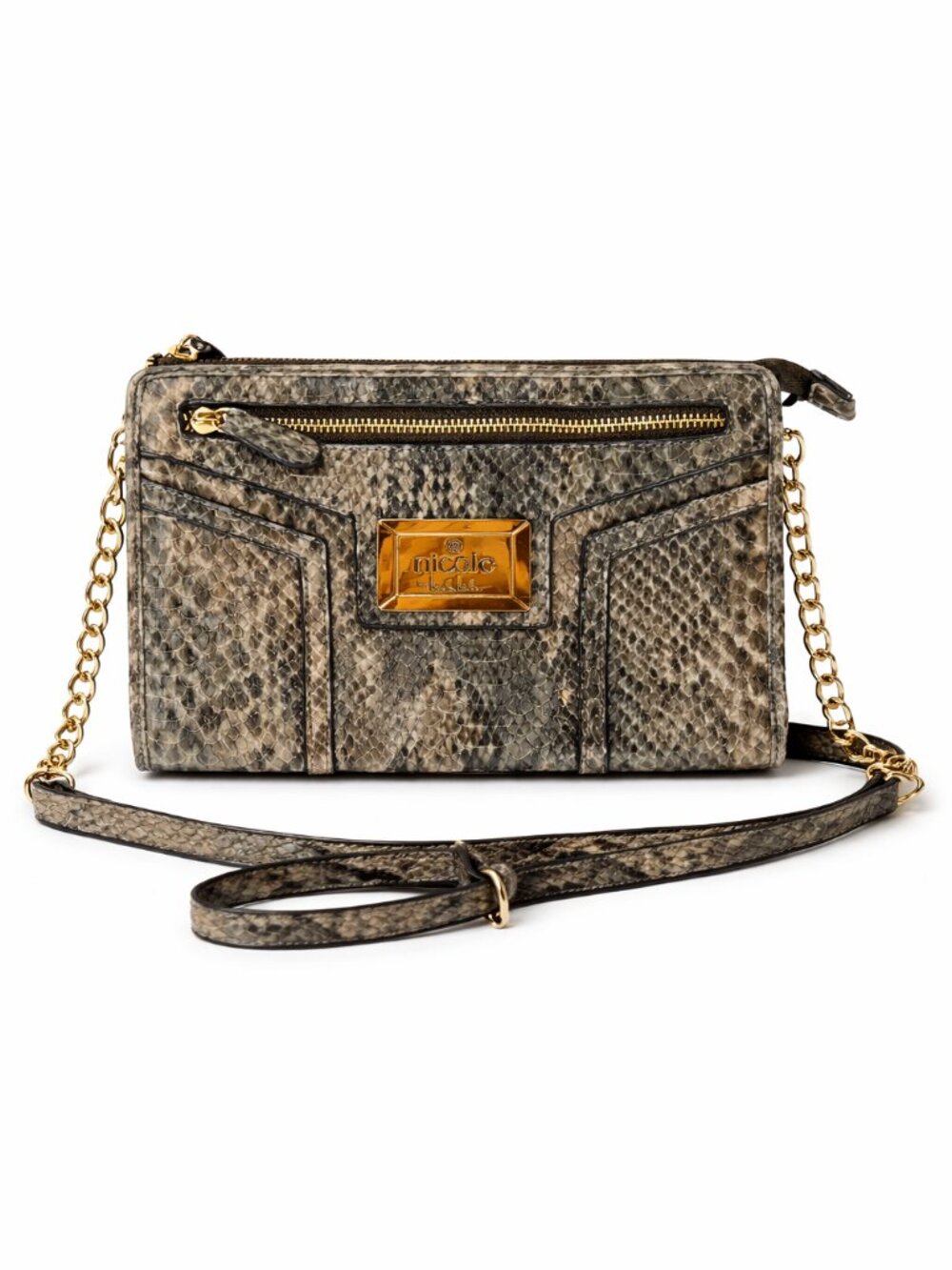 Nicole by Nicole Miller Snakeskin Crossbody Wallet – Gold Chain – NWOT